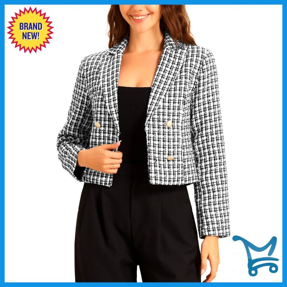 Tweed Notch Lapel Cardigan Blazer Long Sleeve Button Office Casual